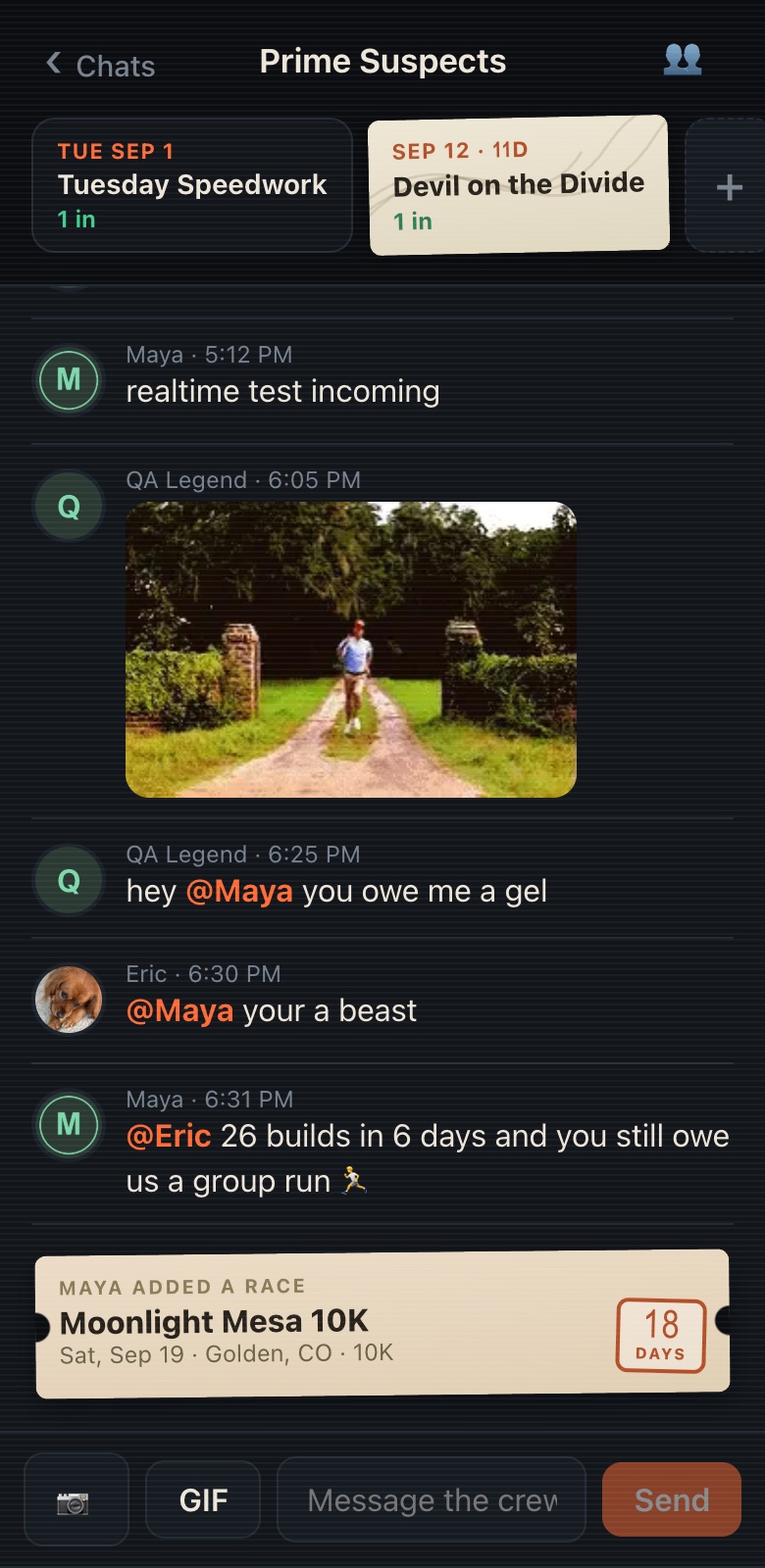 Crew chat with GIFs, mentions, and a race card with one-tap join