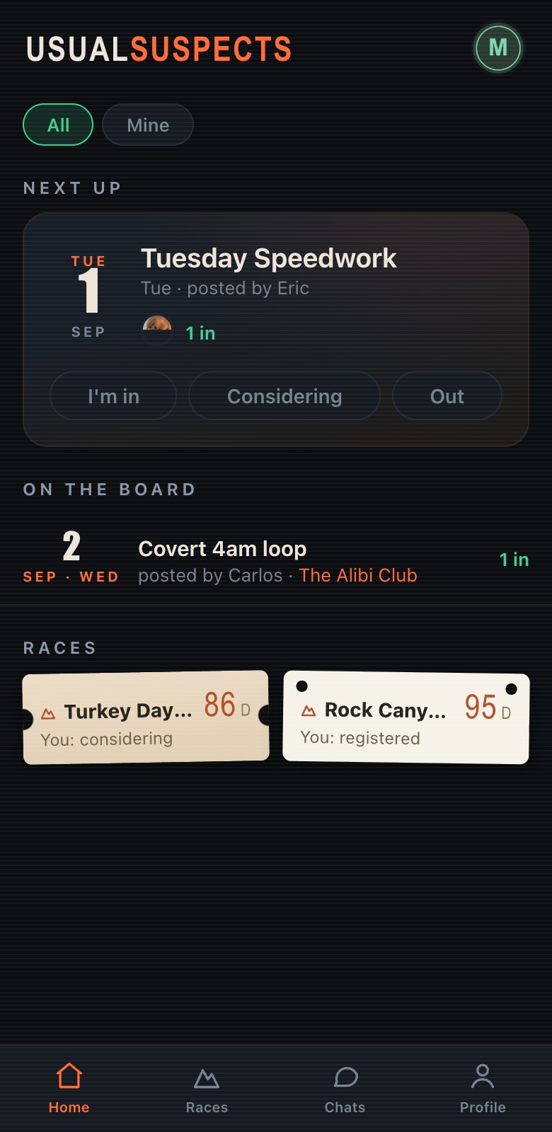 Home screen: next run up with RSVP buttons, the board, and race countdowns