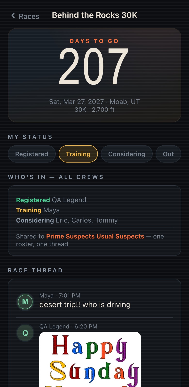 Race detail with a big day countdown and who's-in roster