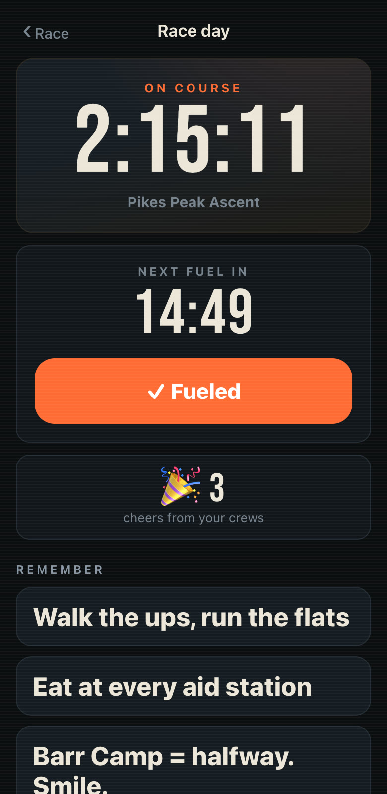 Race day mode with elapsed time, fuel countdown, and cue cards