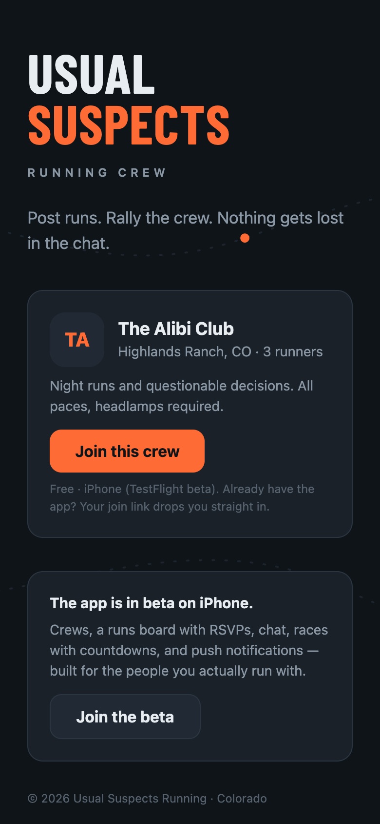 A crew's public webpage with a join button